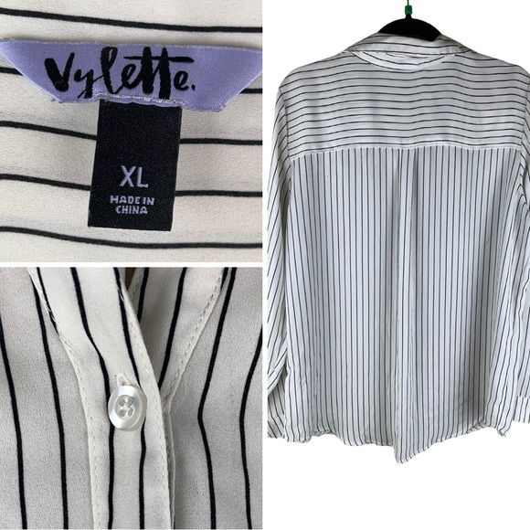 XL Vylette White & Black Pin Stripe button up Work Blouse - Picture 2 of 4
